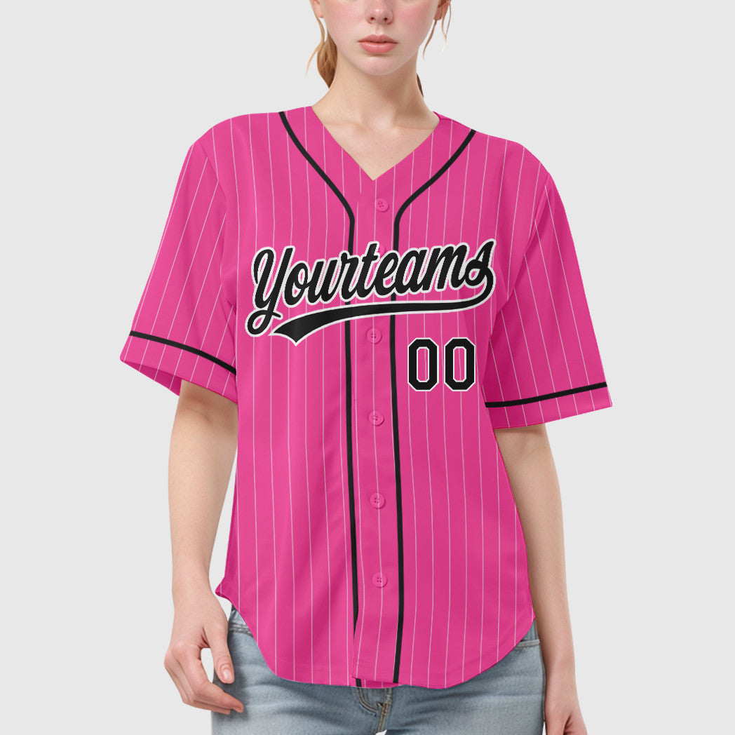 Custom Pink White Black Piping Pinstripe Baseball Jersey