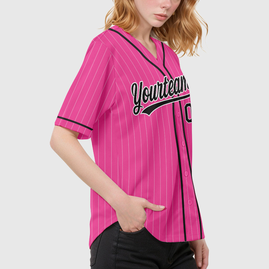 Custom Pink White Black Piping Pinstripe Baseball Jersey