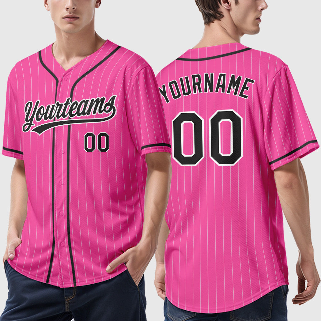 Custom Pink White Black Piping Pinstripe Baseball Jersey