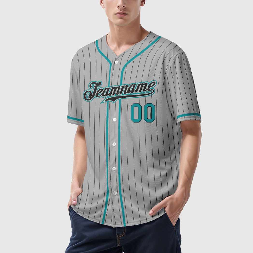 Custom Gray Black Teal Piping Pinstripe Baseball Jersey