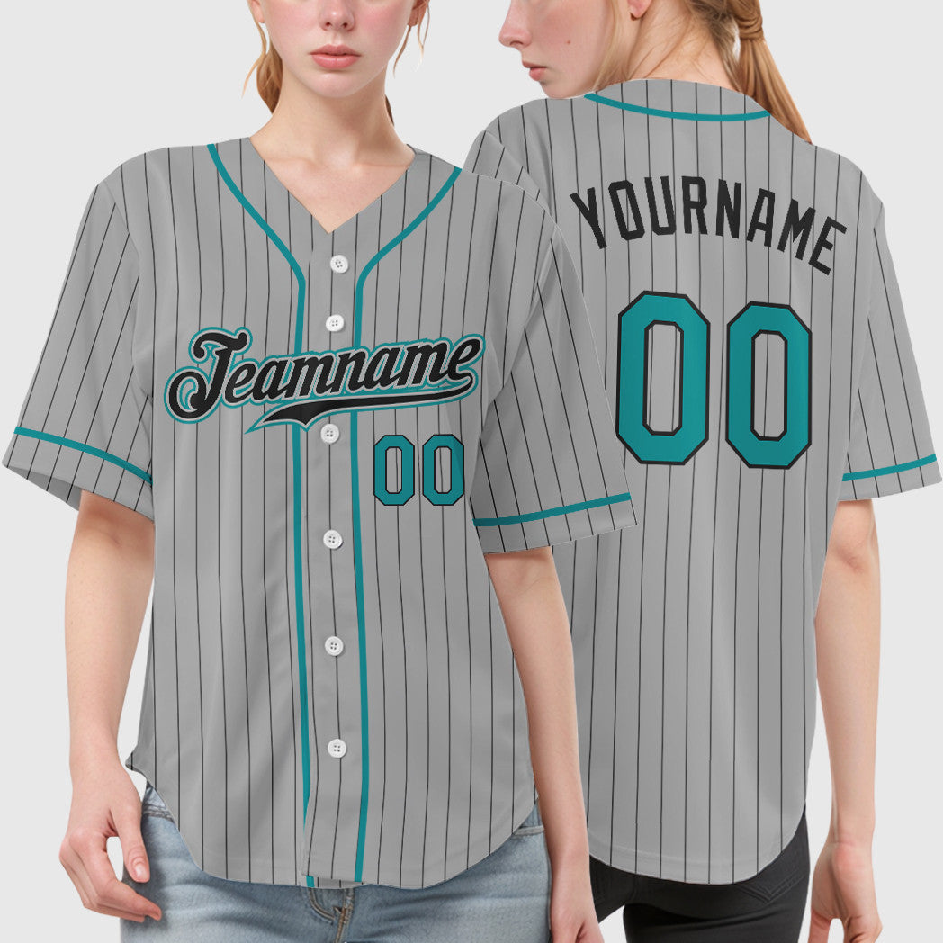 Custom Gray Black Teal Piping Pinstripe Baseball Jersey
