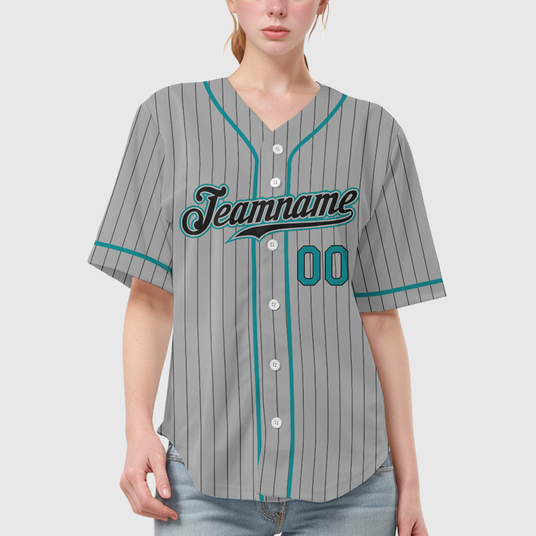 Custom Gray Black Teal Piping Pinstripe Baseball Jersey