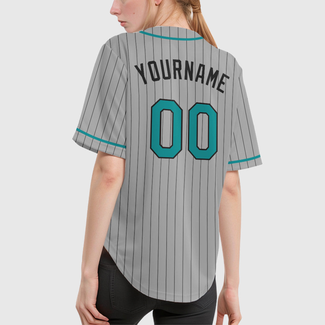 Custom Gray Black Teal Piping Pinstripe Baseball Jersey