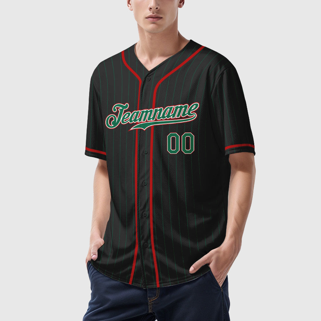 Custom Black Kelly Green Kelly Green-Red Piping Pinstripe Baseball Jersey