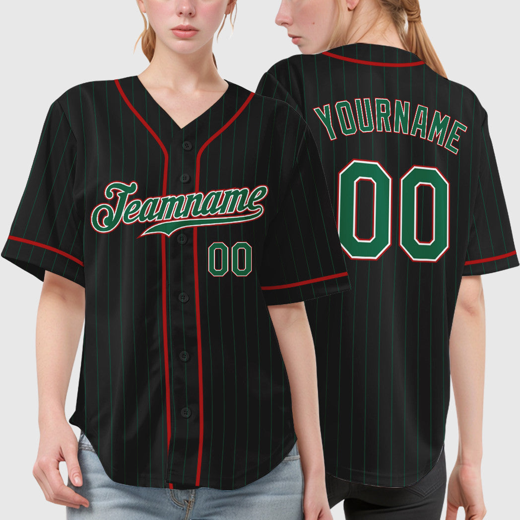 Custom Black Kelly Green Kelly Green-Red Piping Pinstripe Baseball Jersey