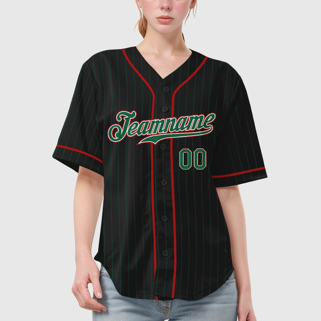 Custom Black Kelly Green Kelly Green-Red Piping Pinstripe Baseball Jersey