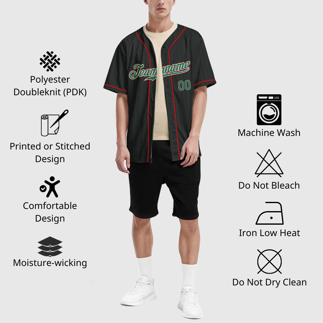 Custom Black Kelly Green Kelly Green-Red Piping Pinstripe Baseball Jersey