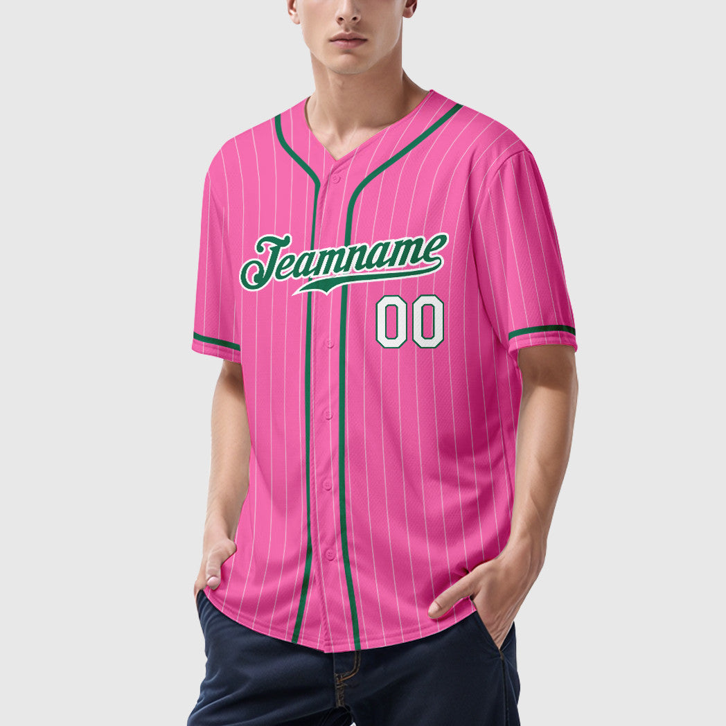 Custom Pink White Kelly Green-White Piping Pinstripe Baseball Jersey