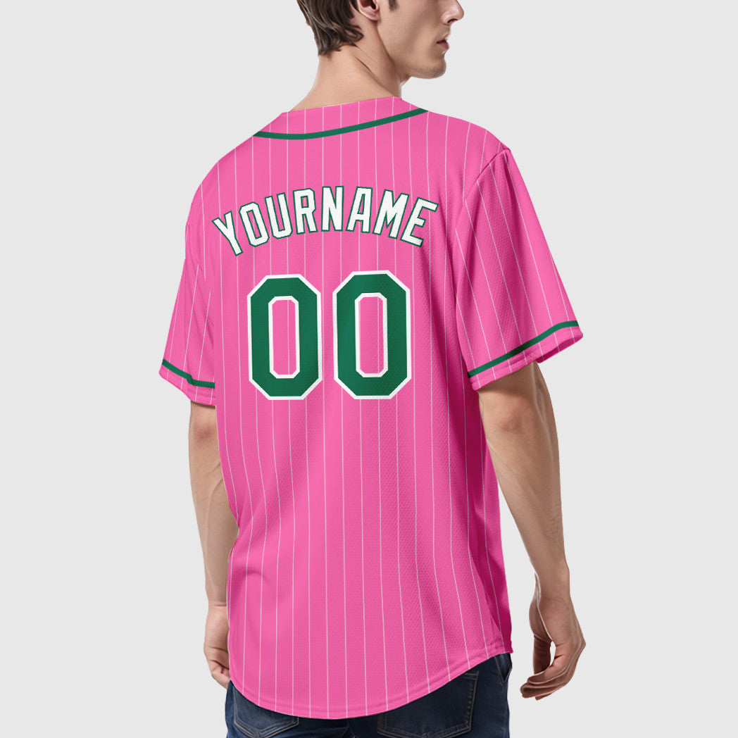 Custom Pink White Kelly Green-White Piping Pinstripe Baseball Jersey