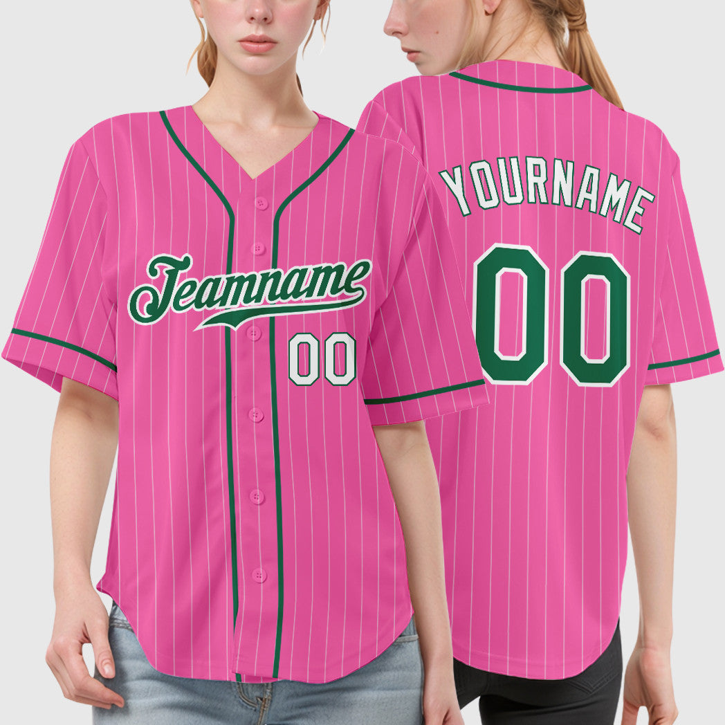 Custom Pink White Kelly Green-White Piping Pinstripe Baseball Jersey