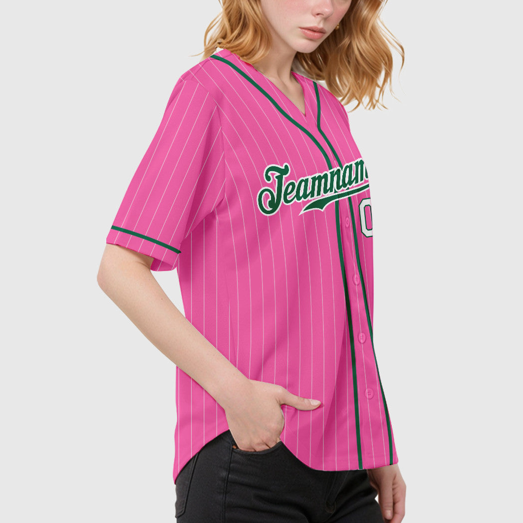 Custom Pink White Kelly Green-White Piping Pinstripe Baseball Jersey