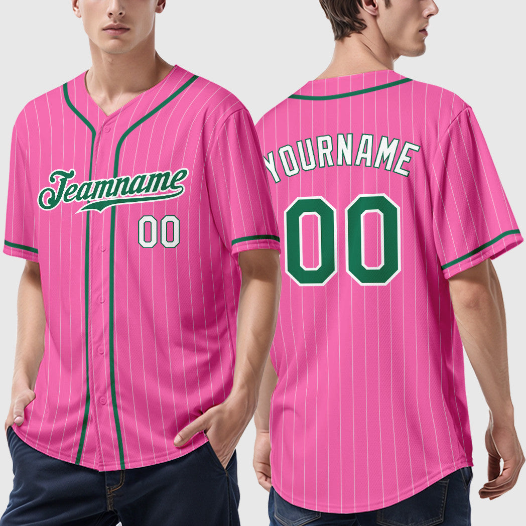 Custom Pink White Kelly Green-White Piping Pinstripe Baseball Jersey