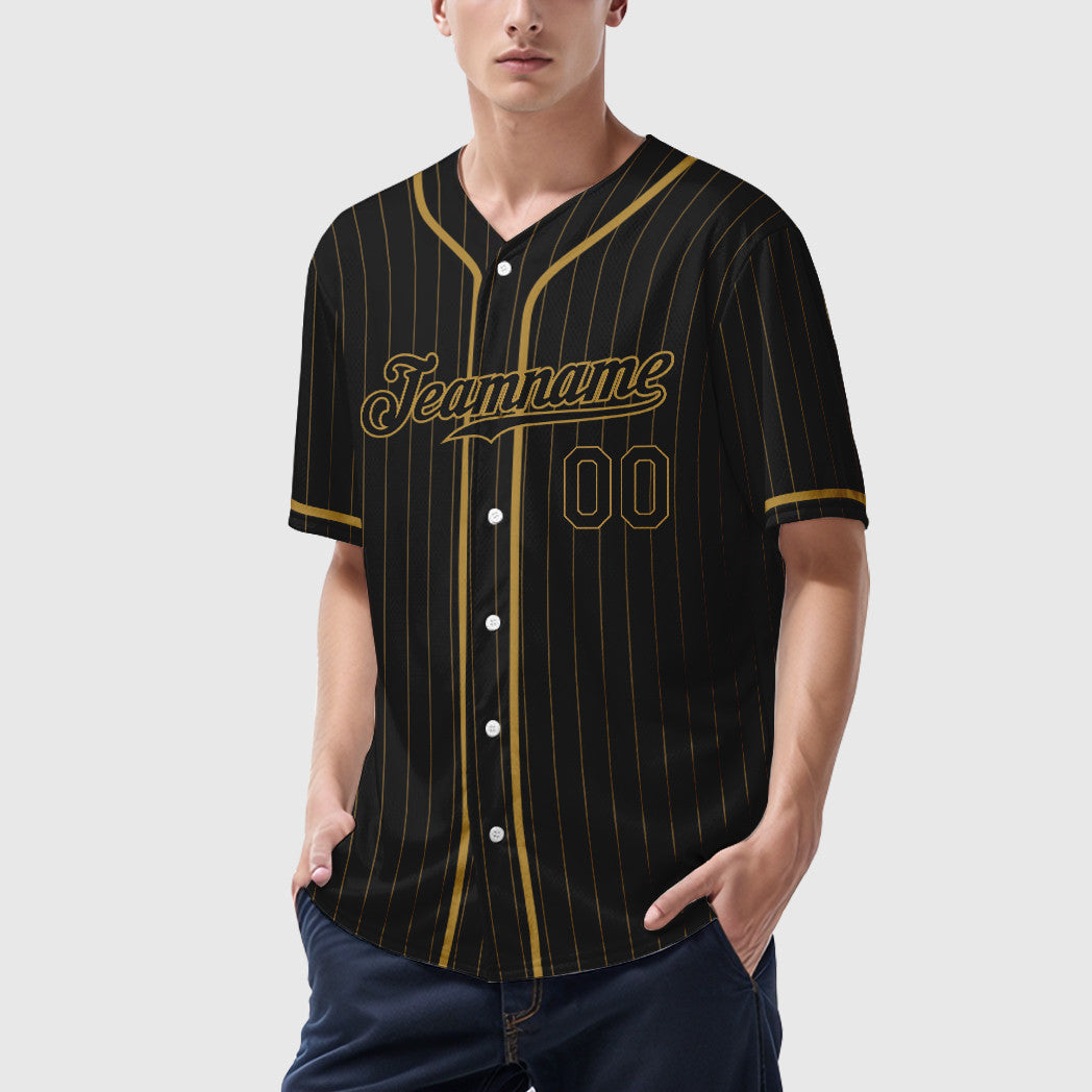Custom Black Old Gold Black-Old Gold Piping Pinstripe Baseball Jersey