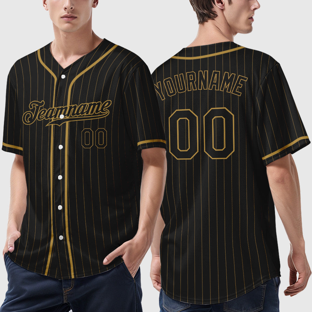 Custom Black Old Gold Black-Old Gold Piping Pinstripe Baseball Jersey