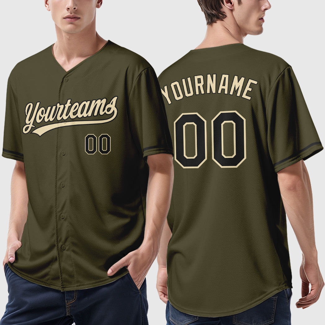 Custom Olive City Cream Black Salute To Service Baseball Jersey