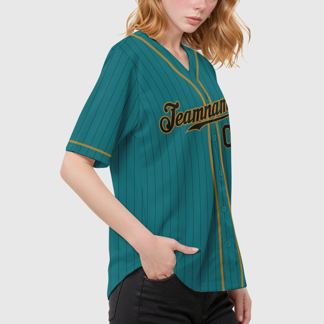 Custom Teal Black Black-Old Gold Piping Pinstripe Baseball Jersey