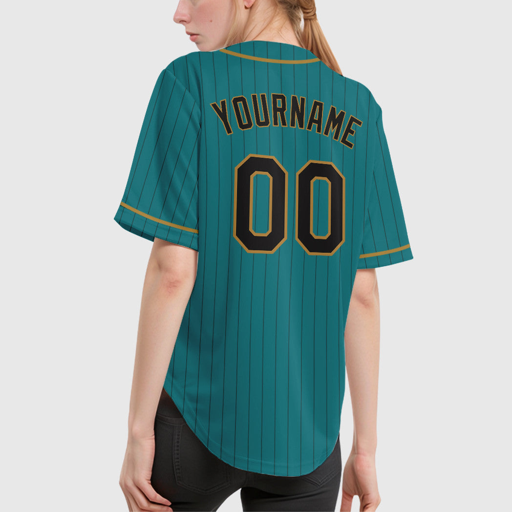 Custom Teal Black Black-Old Gold Piping Pinstripe Baseball Jersey