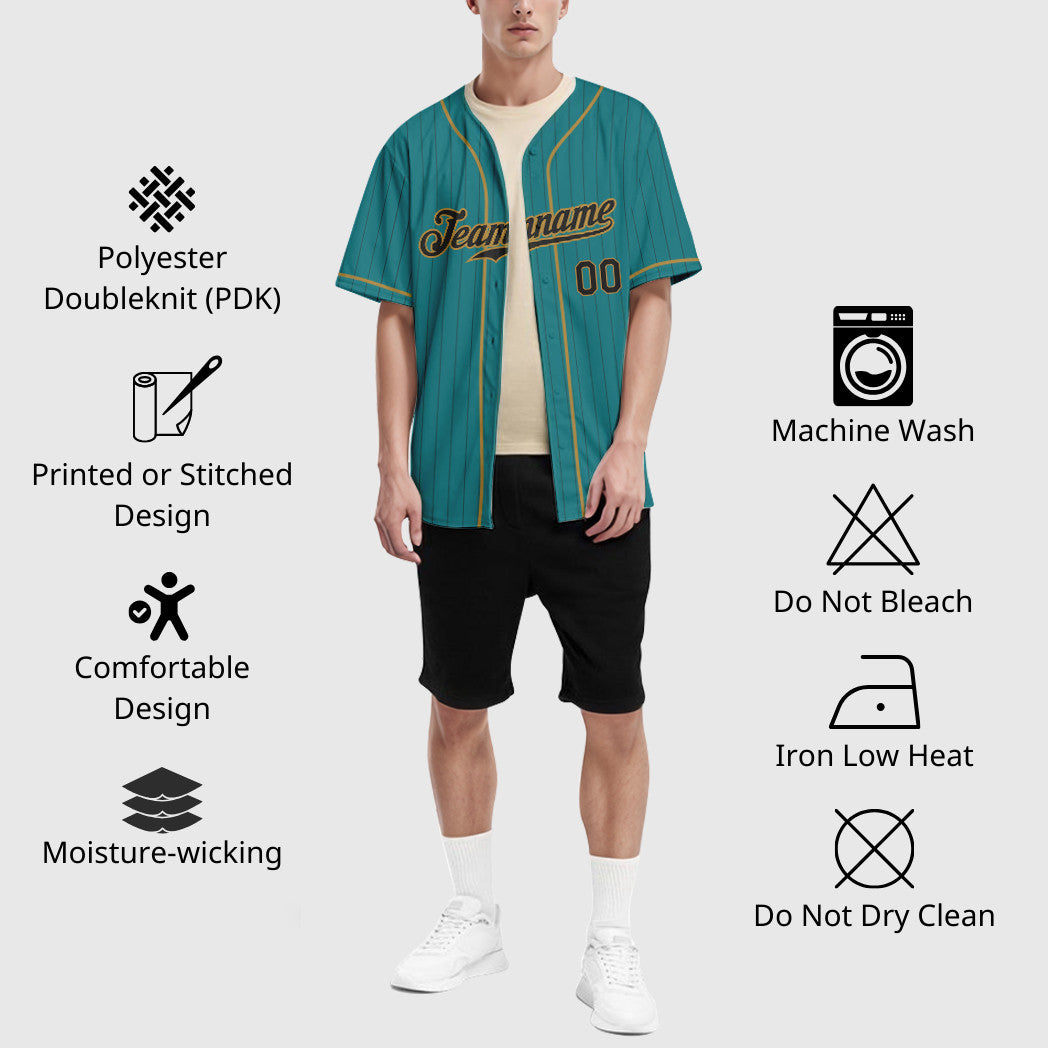 Custom Teal Black Black-Old Gold Piping Pinstripe Baseball Jersey