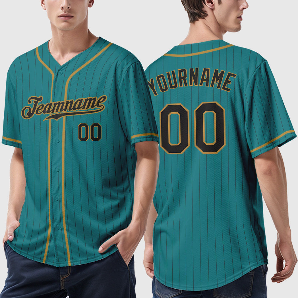 Custom Teal Black Black-Old Gold Piping Pinstripe Baseball Jersey