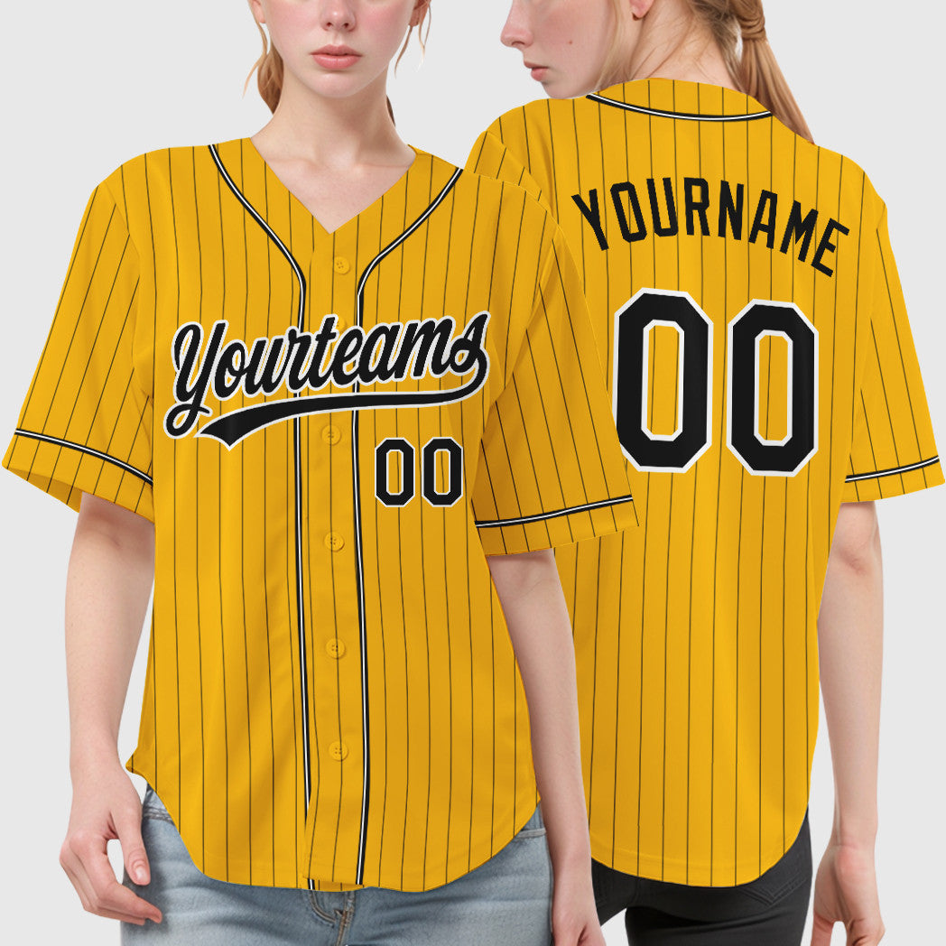 Custom Gold Black Black-White Piping Pinstripe Baseball Jersey