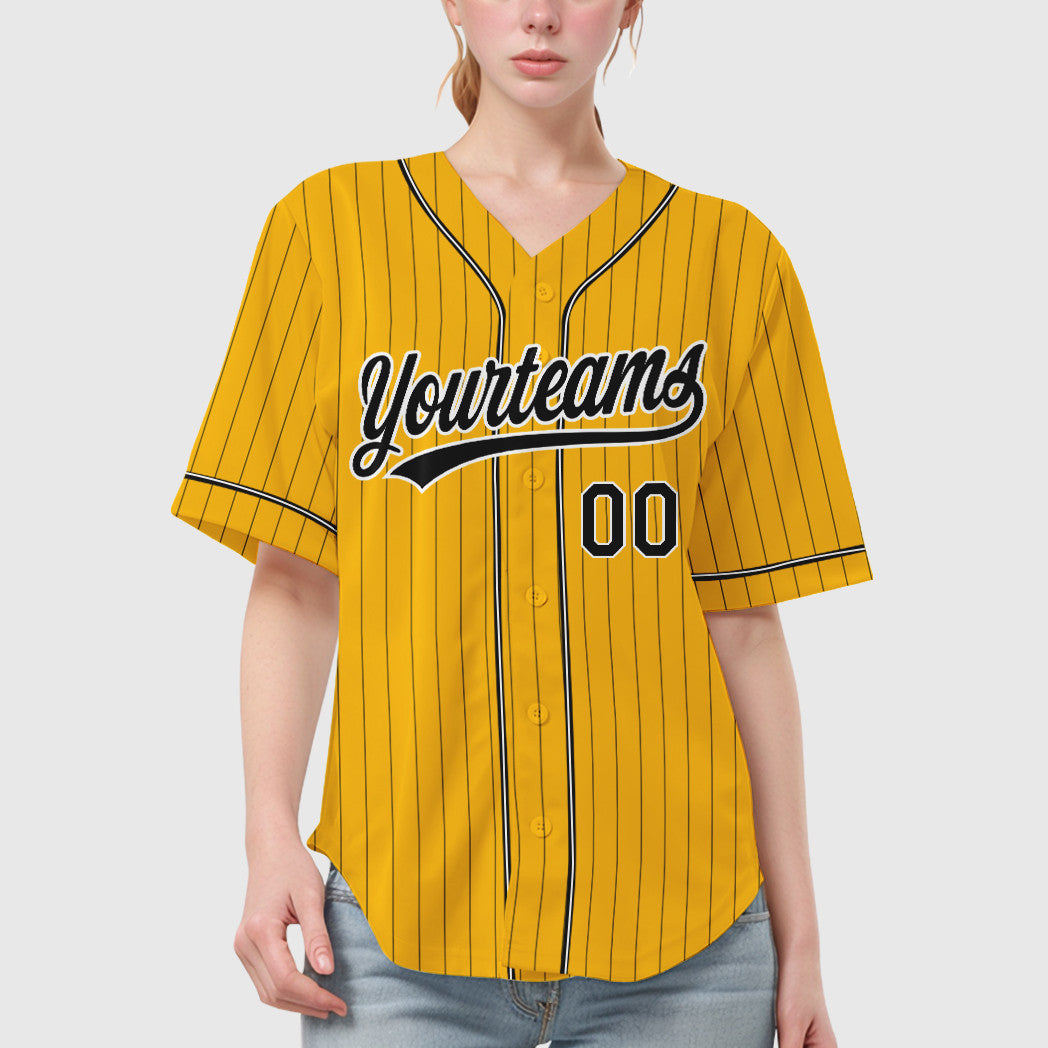 Custom Gold Black Black-White Piping Pinstripe Baseball Jersey