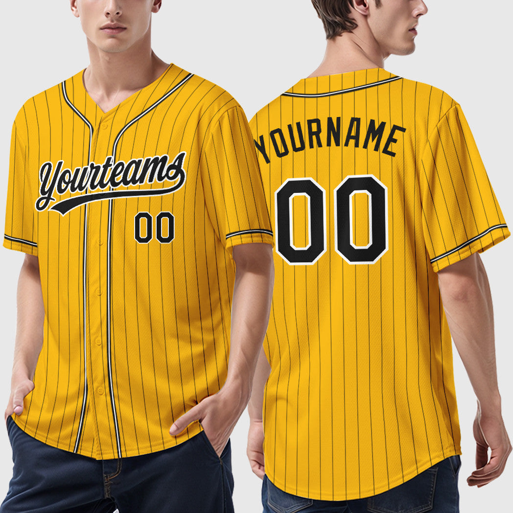 Custom Gold Black Black-White Piping Pinstripe Baseball Jersey