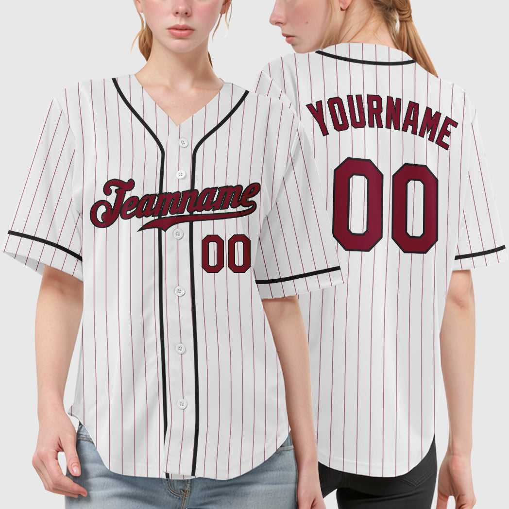 Custom White Crimson Crimson-Black Piping Pinstripe Baseball Jersey