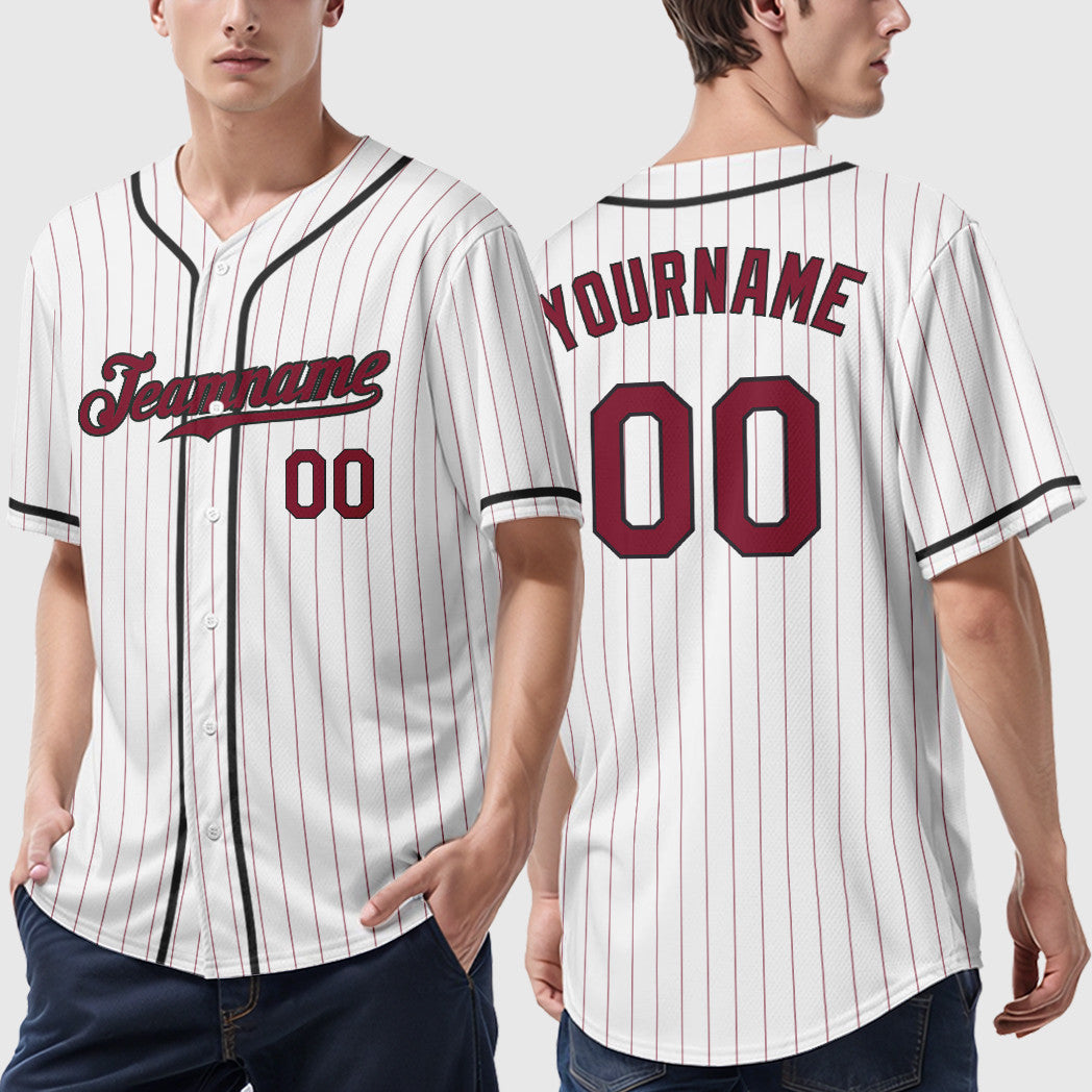 Custom White Crimson Crimson-Black Piping Pinstripe Baseball Jersey