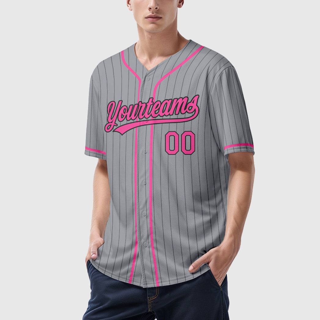 Custom Gray Black Pink Piping Pinstripe Baseball Jersey