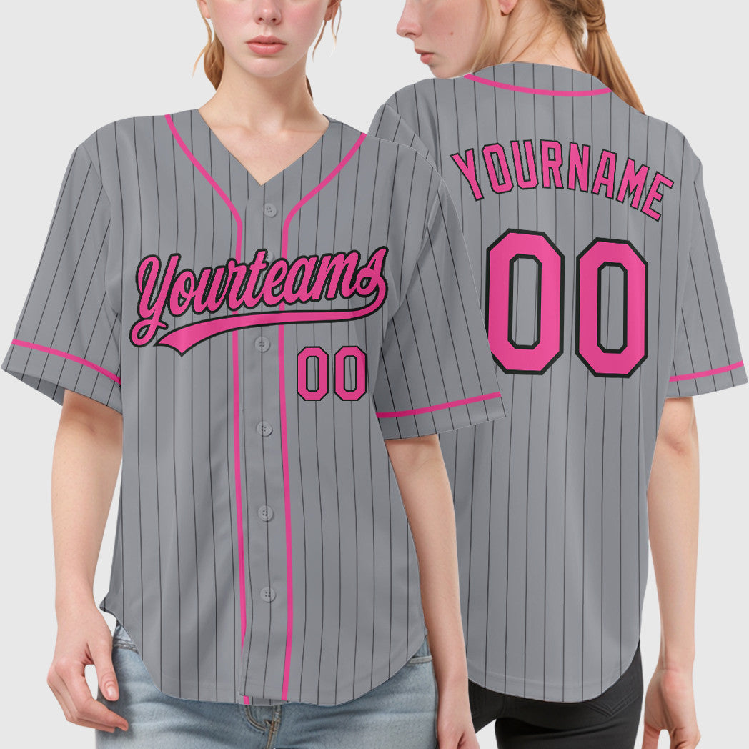 Custom Gray Black Pink Piping Pinstripe Baseball Jersey