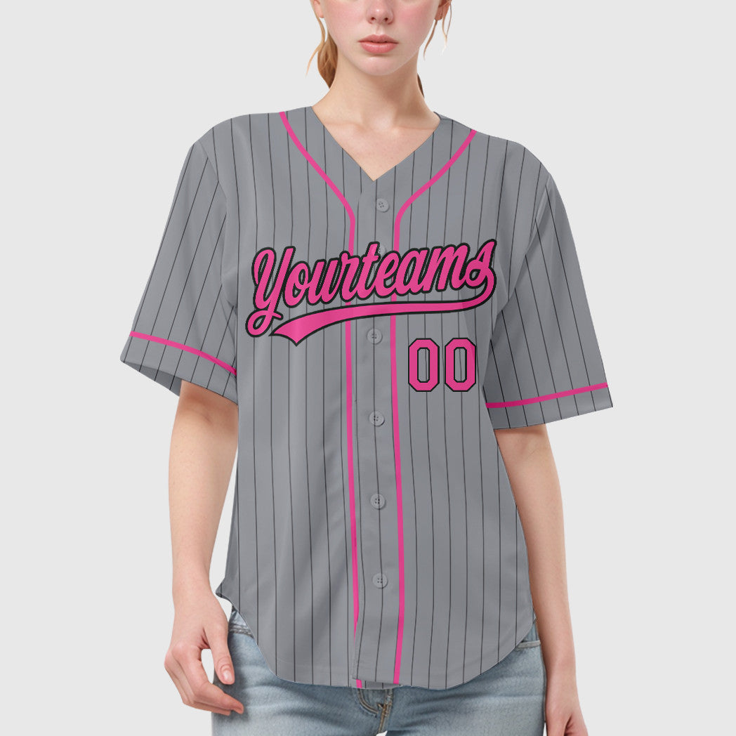 Custom Gray Black Pink Piping Pinstripe Baseball Jersey