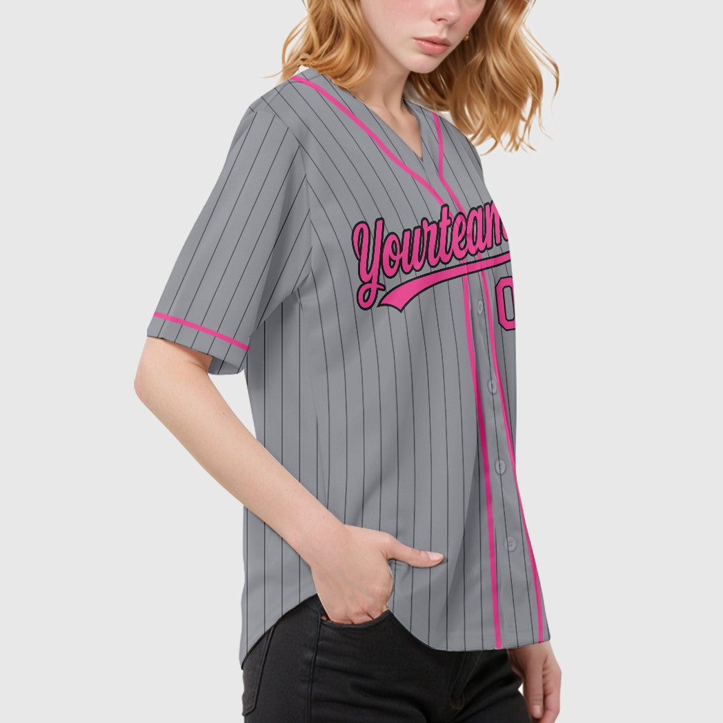 Custom Gray Black Pink Piping Pinstripe Baseball Jersey