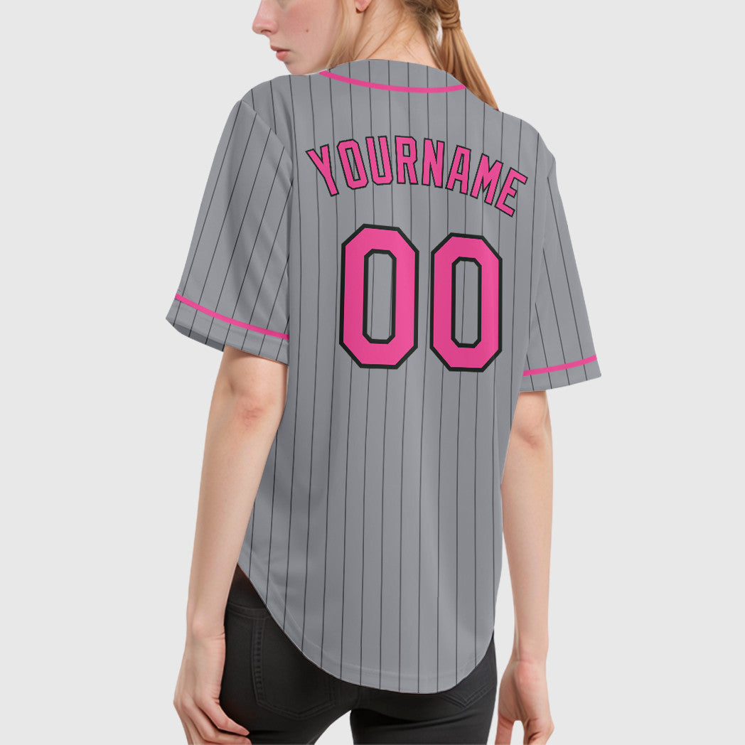 Custom Gray Black Pink Piping Pinstripe Baseball Jersey