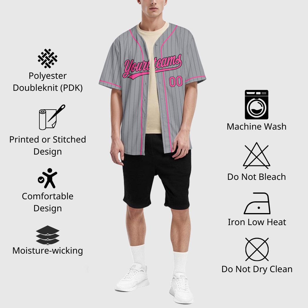 Custom Gray Black Pink Piping Pinstripe Baseball Jersey