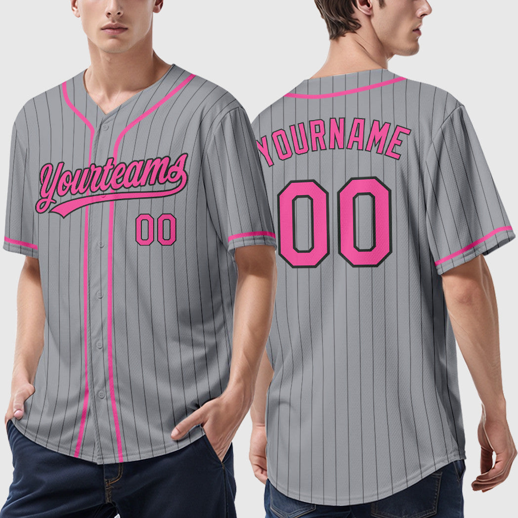 Custom Gray Black Pink Piping Pinstripe Baseball Jersey