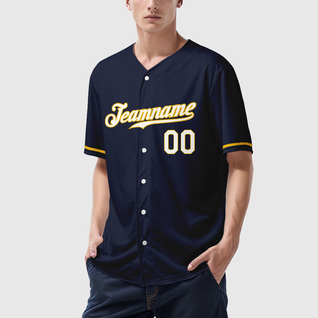 Custom Navy Yellow White Baseball Jersey