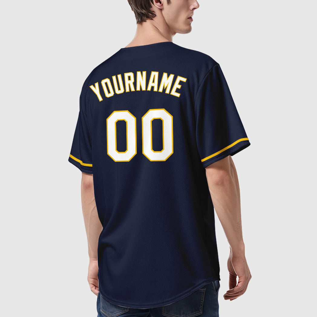 Custom Navy Yellow White Baseball Jersey