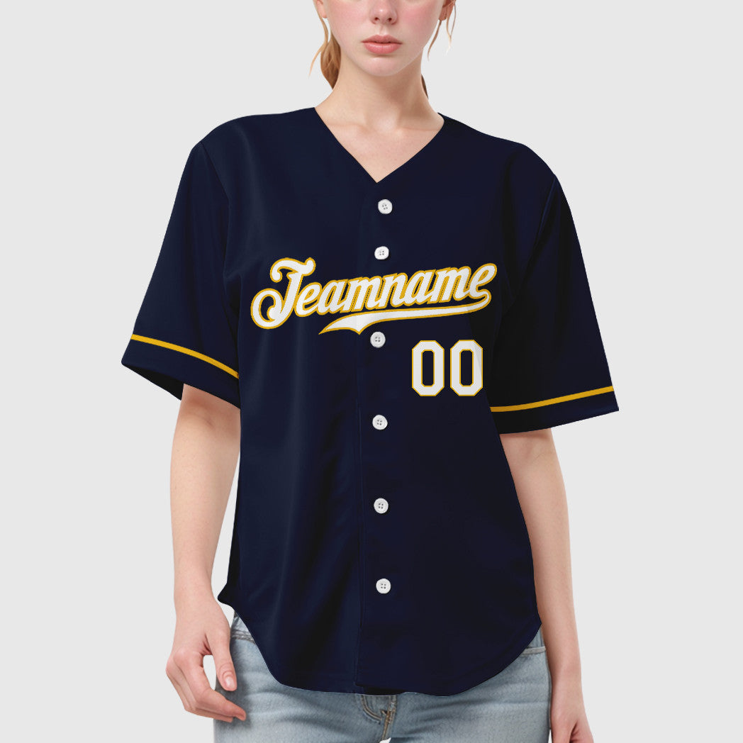 Custom Navy Yellow White Baseball Jersey