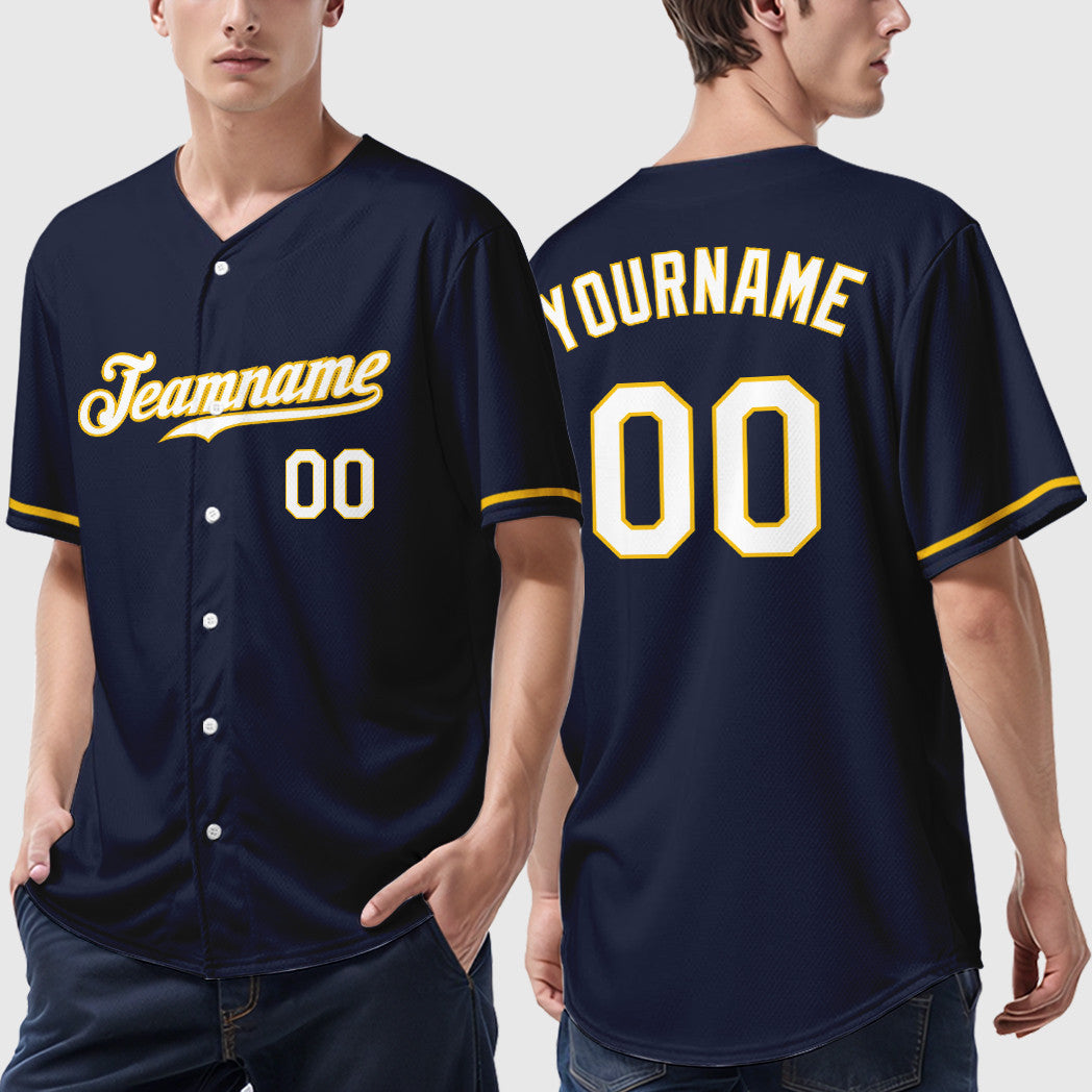 Custom Navy Yellow White Baseball Jersey