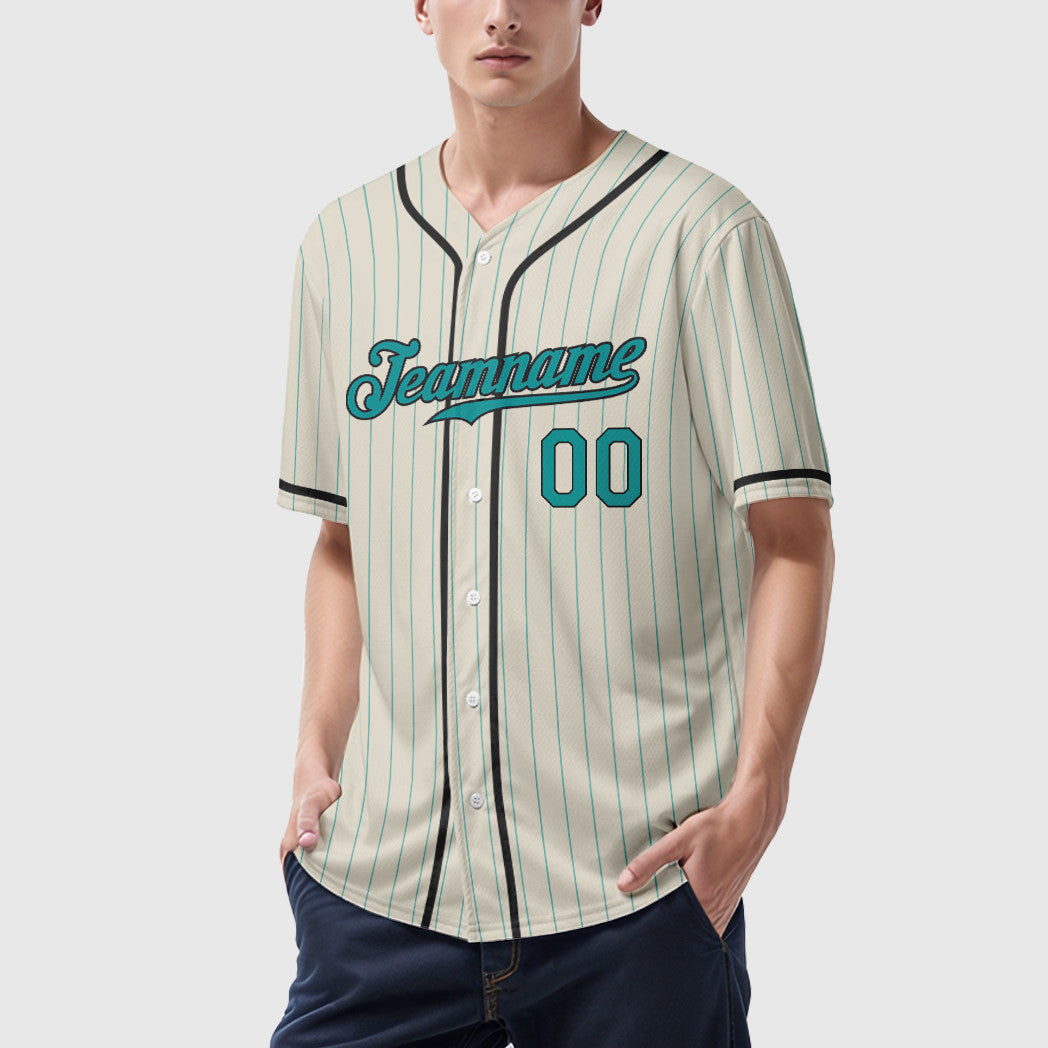 Custom Cream Teal Black Piping Pinstripe Baseball Jersey