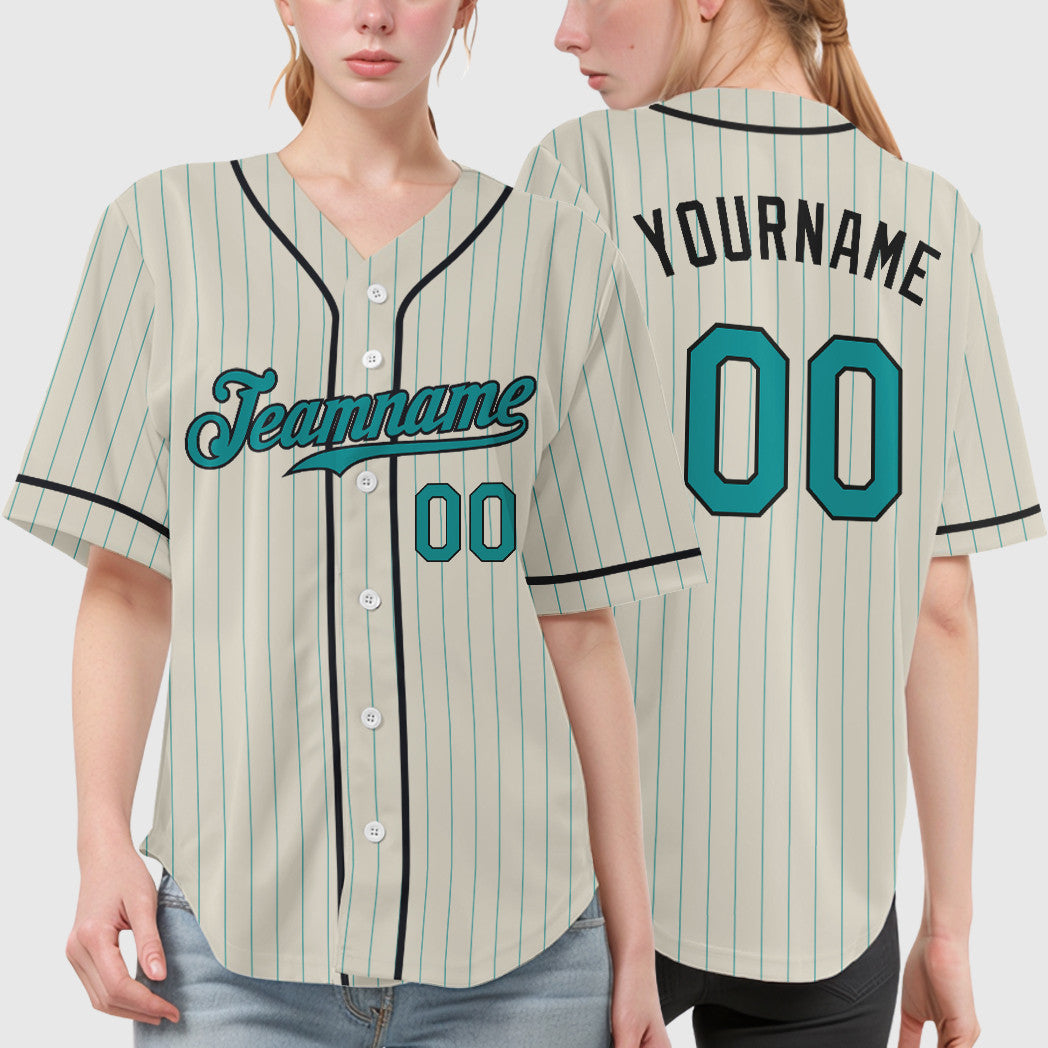 Custom Cream Teal Black Piping Pinstripe Baseball Jersey