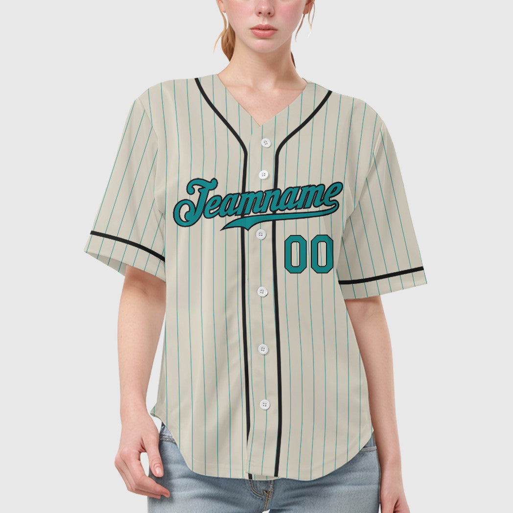 Custom Cream Teal Black Piping Pinstripe Baseball Jersey