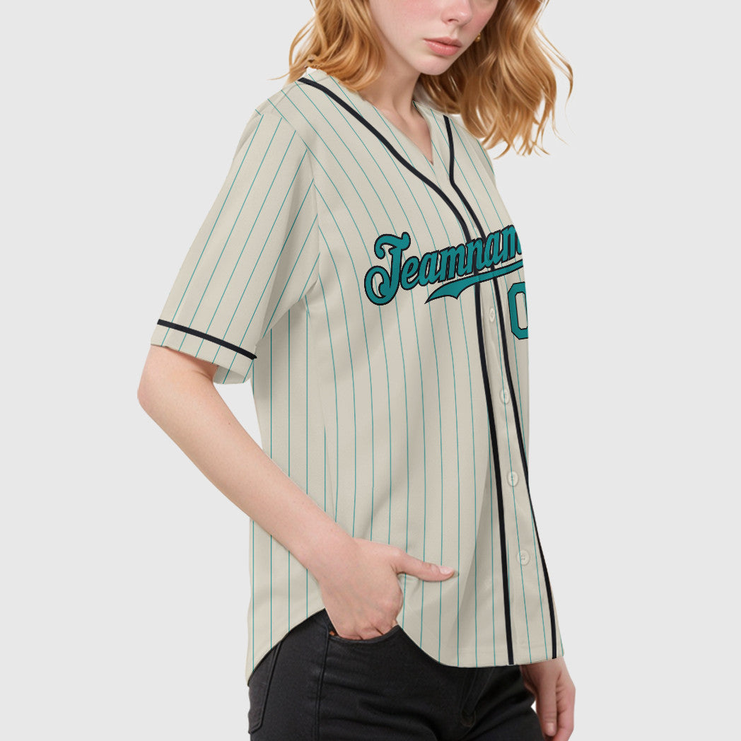 Custom Cream Teal Black Piping Pinstripe Baseball Jersey