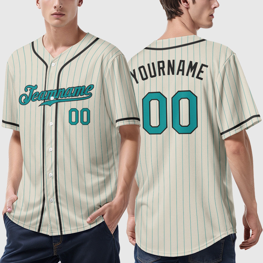 Custom Cream Teal Black Piping Pinstripe Baseball Jersey