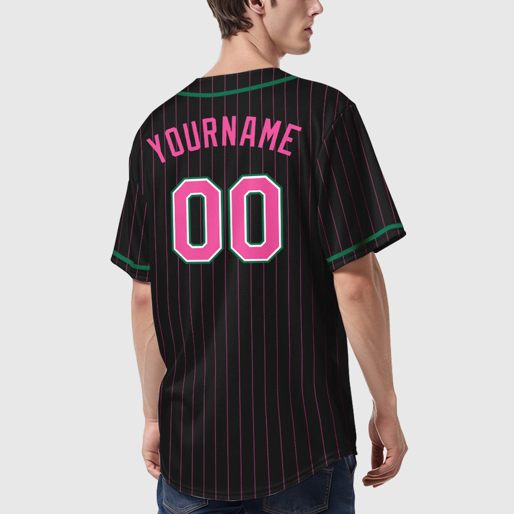 Custom Black Pink Pink-Kelly Green Piping Pinstripe Baseball Jersey
