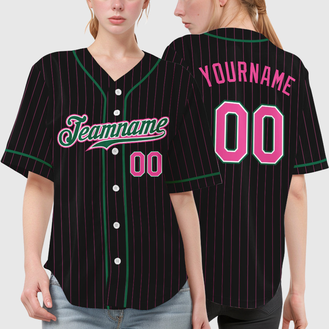 Custom Black Pink Pink-Kelly Green Piping Pinstripe Baseball Jersey