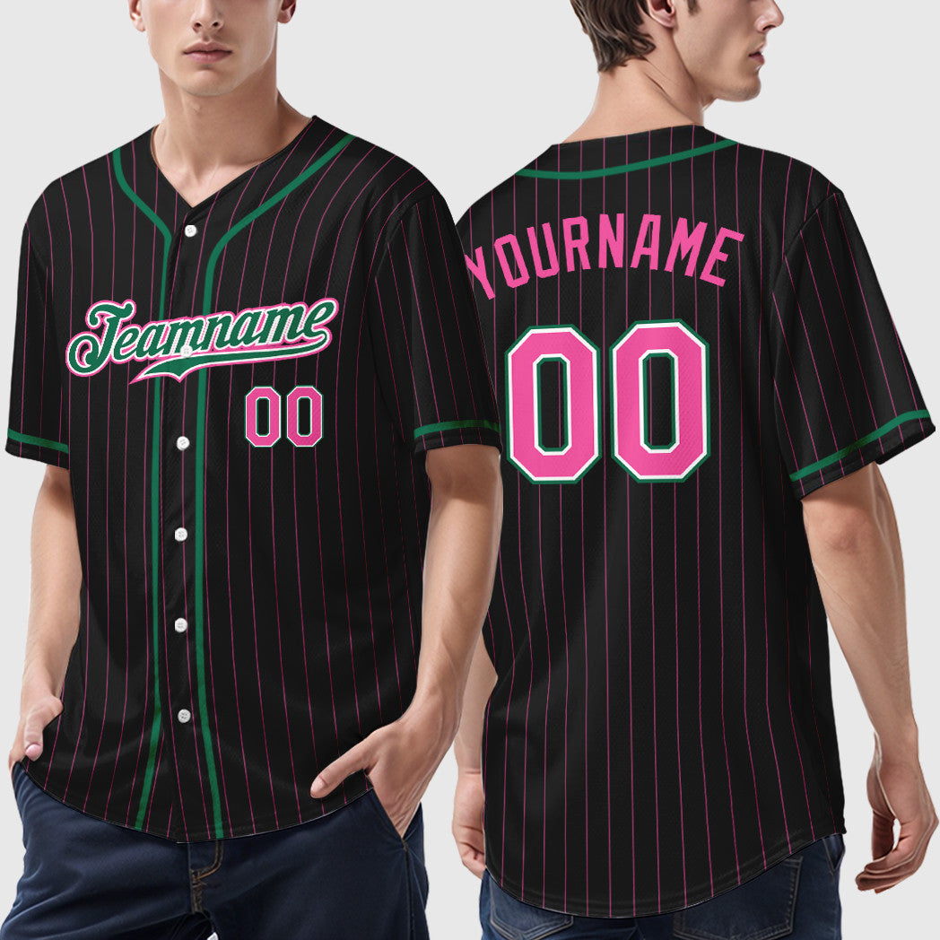 Custom Black Pink Pink-Kelly Green Piping Pinstripe Baseball Jersey