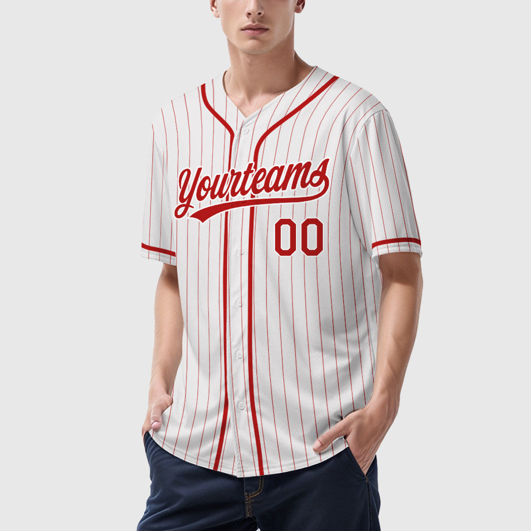 Custom White Red Red Piping Pinstripe Baseball Jersey