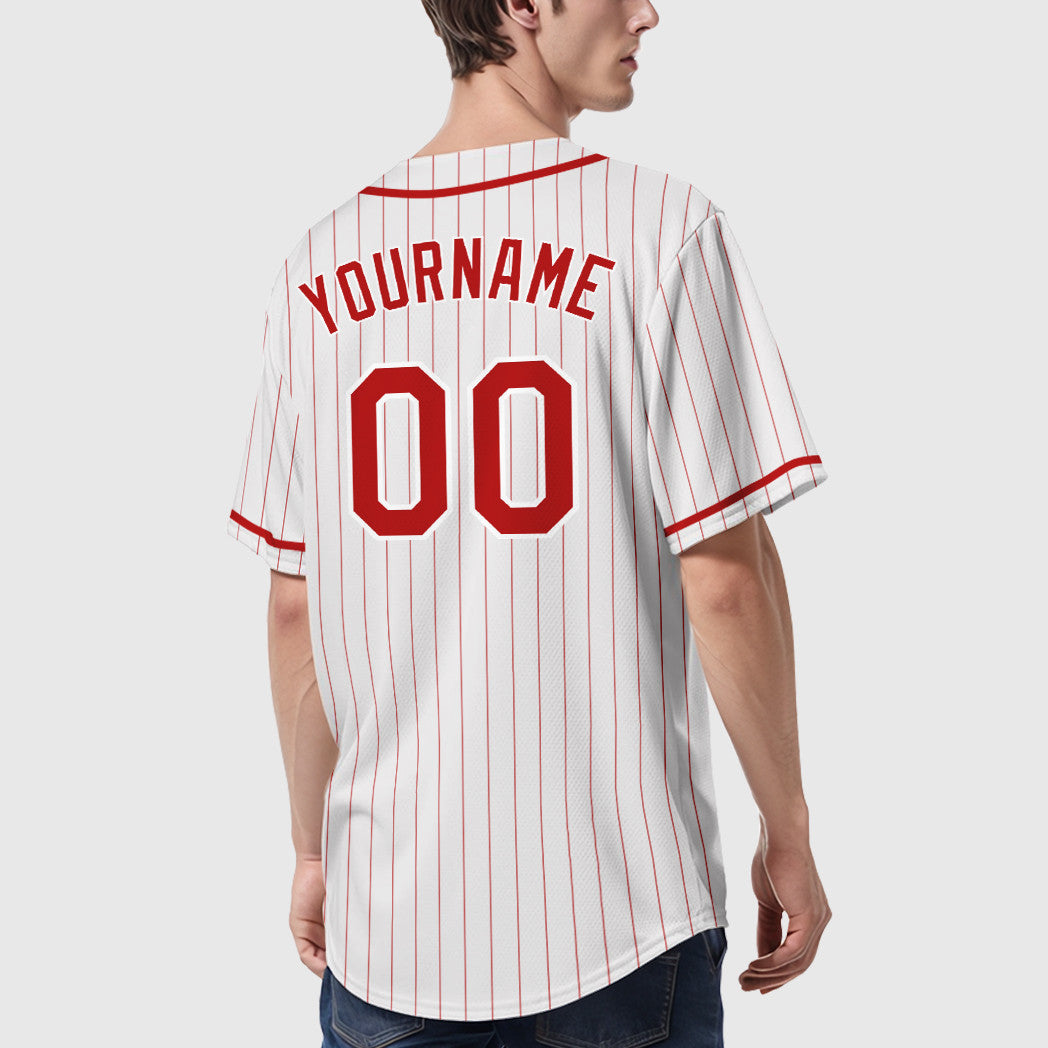 Custom White Red Red Piping Pinstripe Baseball Jersey