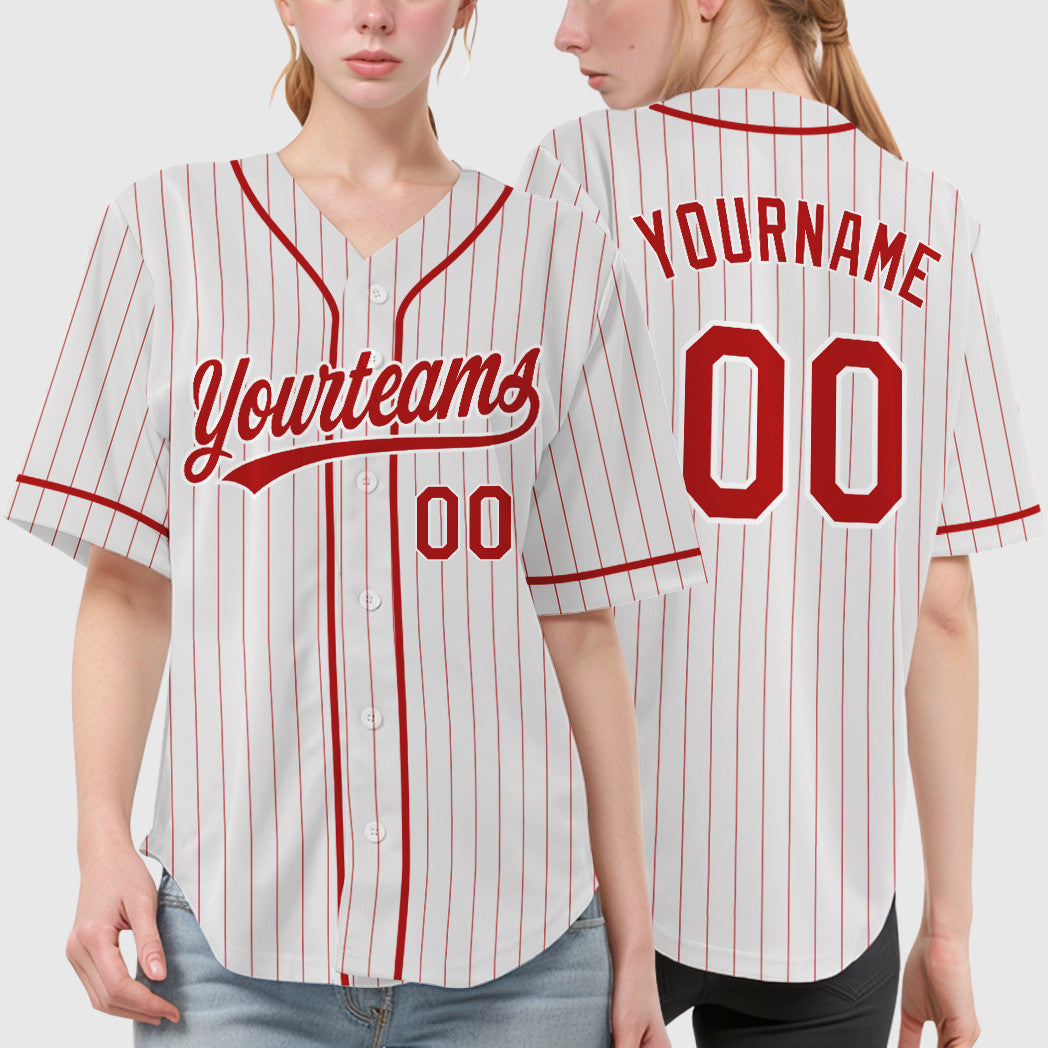 Custom White Red Red Piping Pinstripe Baseball Jersey